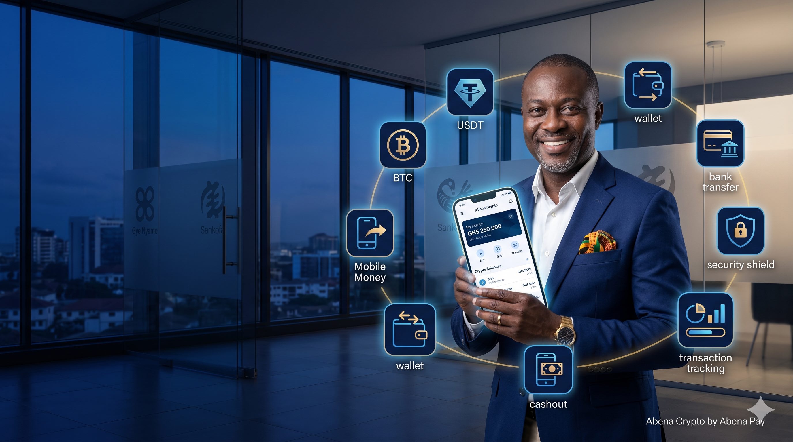 Abena Crypto header visual with supported assets and payment rails
